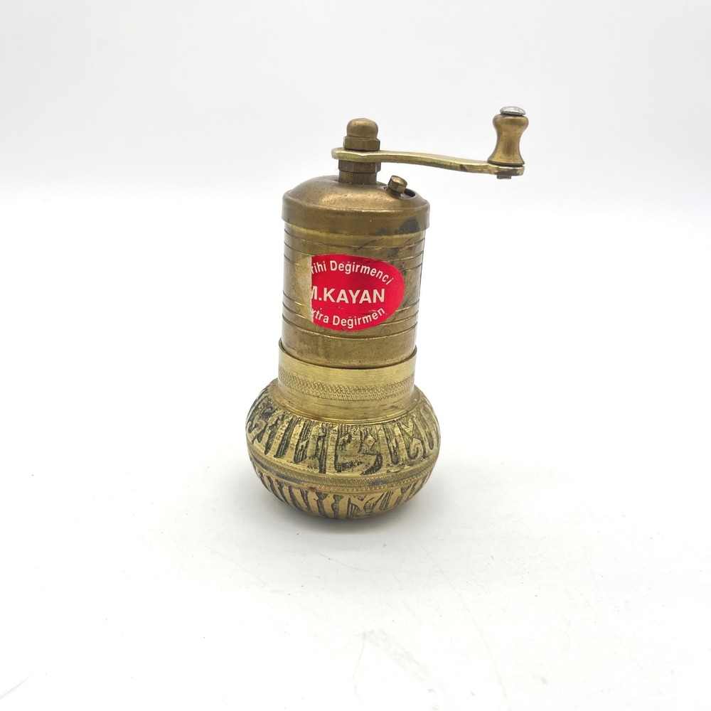 Vintage M. Kayan Turkish Brass Spice Pepper Grinder Hand Crank Calligraphy 4.25"